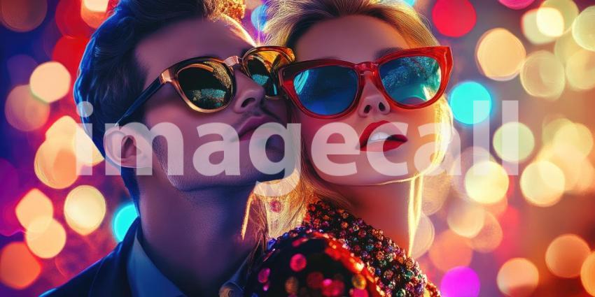 Two Festively Dressed Individuals Celebrating in Glittery Outfits with Black and Red Hats against a Red Background Adorned with Colorful Confetti