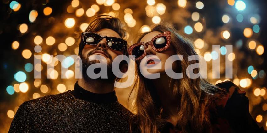 Two Festively Dressed Individuals Celebrating in Glittery Outfits with Black and Red Hats against a Red Background Adorned with Colorful Confetti