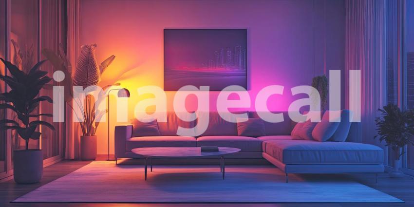 Cozy Living Room bathed in Warm and Cool LED Lighting, creating a Serene Ambiance with Plush Sofa, Plants, and a Coffee Table