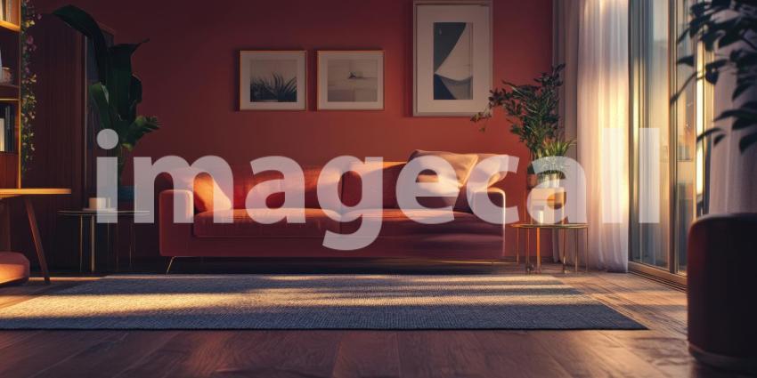 Cozy Living Room bathed in Warm and Cool LED Lighting, creating a Serene Ambiance with Plush Sofa, Plants, and a Coffee Table