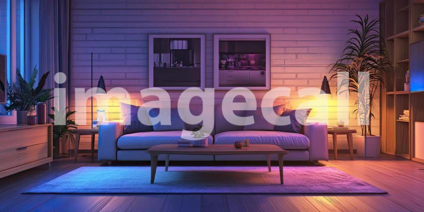 Cozy Living Room bathed in Warm and Cool LED Lighting, creating a Serene Ambiance with Plush Sofa, Plants, and a Coffee Table