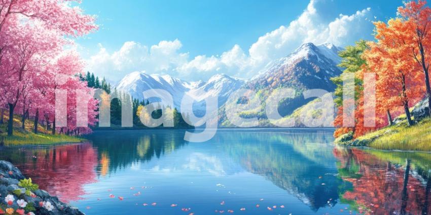 A picturesque landscape featuring a serene lake reflecting a vibrant mountain range, adorned with trees in full bloom of spring, summer, and autumn