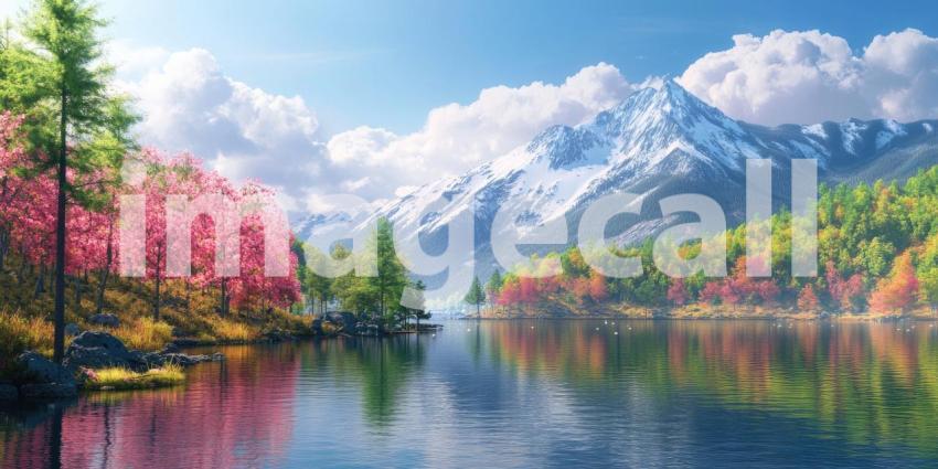 A picturesque landscape featuring a serene lake reflecting a vibrant mountain range, adorned with trees in full bloom of spring, summer, and autumn