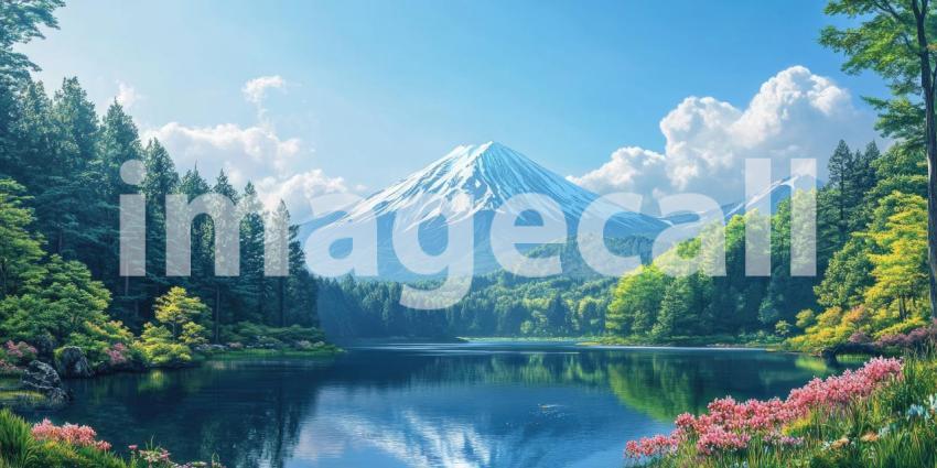 A picturesque landscape featuring a serene lake reflecting a vibrant mountain range, adorned with trees in full bloom of spring, summer, and autumn
