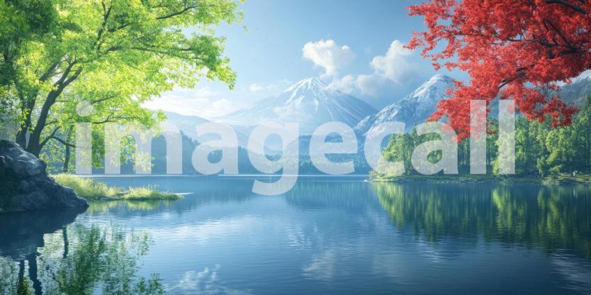 A picturesque landscape featuring a serene lake reflecting a vibrant mountain range, adorned with trees in full bloom of spring, summer, and autumn