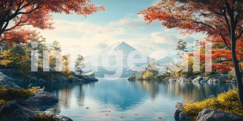 A picturesque landscape featuring a serene lake reflecting a vibrant mountain range, adorned with trees in full bloom of spring, summer, and autumn