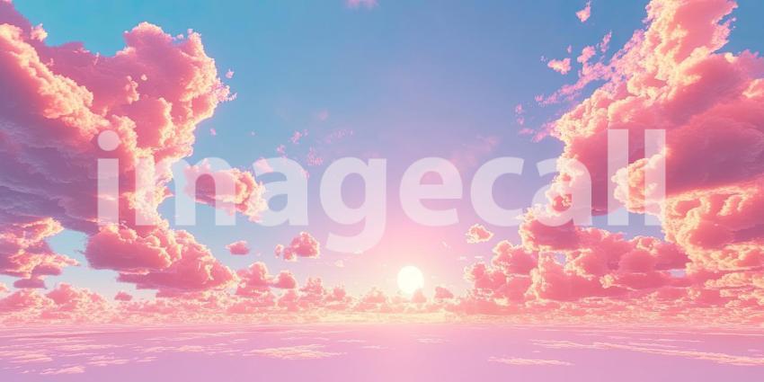 Dreamy Pastel Sky at Sunset, with Puffy Pink Clouds and a Golden Horizon