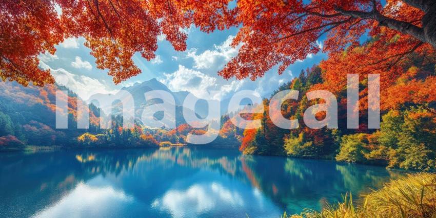 A picturesque landscape featuring a serene lake reflecting a vibrant mountain range, adorned with trees in full bloom of spring, summer, and autumn