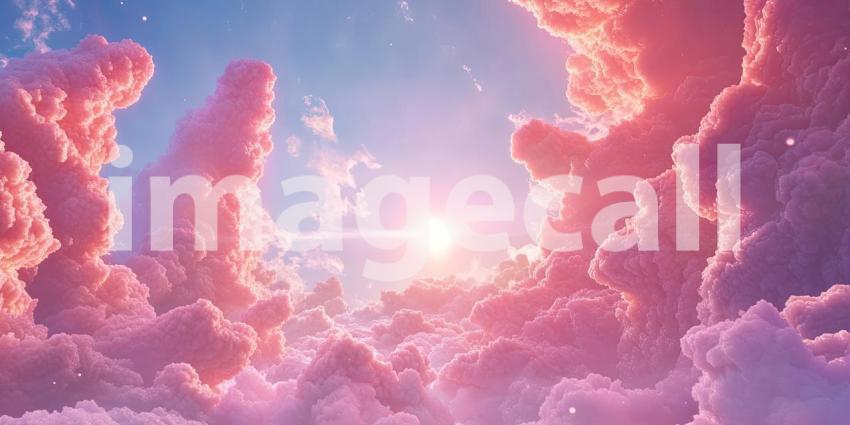 Dreamy Pastel Sky at Sunset, with Puffy Pink Clouds and a Golden Horizon