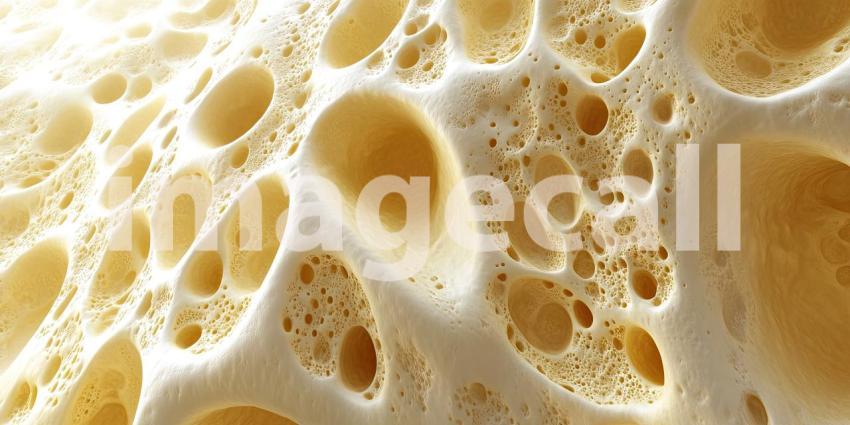 Close-up Macro of a Swiss Cheese Slice, Revealing its Intricate Network of Air Bubbles and Golden Yellow Texture