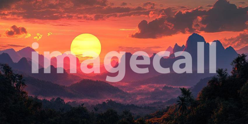 A fiery sunset paints the sky with vibrant hues as the sun dips below a majestic mountain range, casting long shadows across the valley.