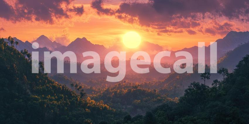 A fiery sunset paints the sky with vibrant hues as the sun dips below a majestic mountain range, casting long shadows across the valley.