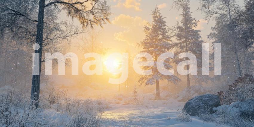 A picturesque winter scene with a sunlit path winding through a snow-covered forest, bathed in the warm glow of the setting sun