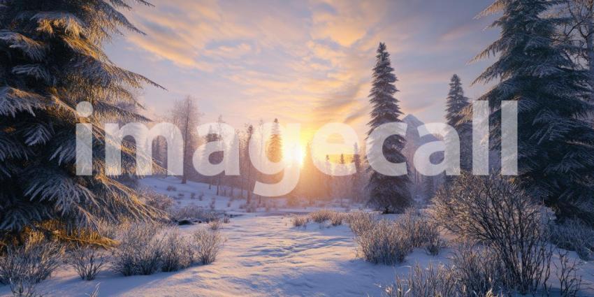 A picturesque winter scene with a sunlit path winding through a snow-covered forest, bathed in the warm glow of the setting sun