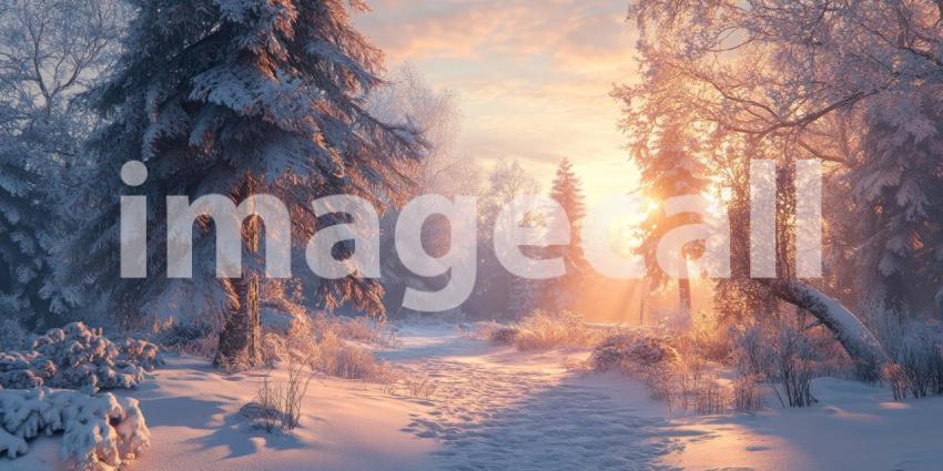 A picturesque winter scene with a sunlit path winding through a snow-covered forest, bathed in the warm glow of the setting sun