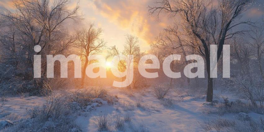 A picturesque winter scene with a sunlit path winding through a snow-covered forest, bathed in the warm glow of the setting sun