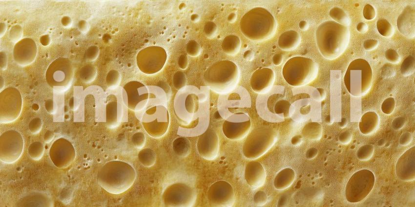 Close-up Macro of a Swiss Cheese Slice, Revealing its Intricate Network of Air Bubbles and Golden Yellow Texture