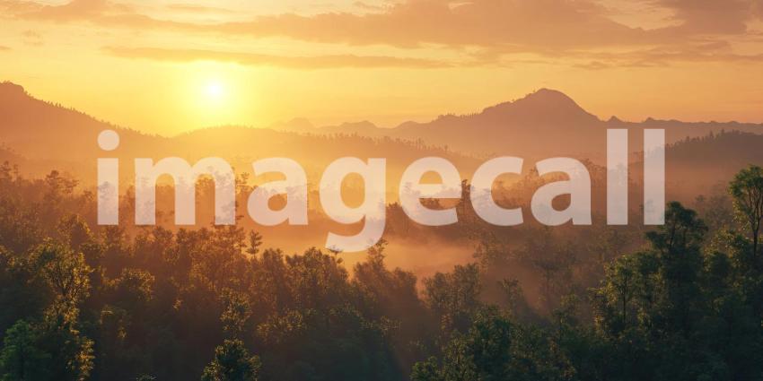 A fiery sunset paints the sky with vibrant hues as the sun dips below a majestic mountain range, casting long shadows across the valley.