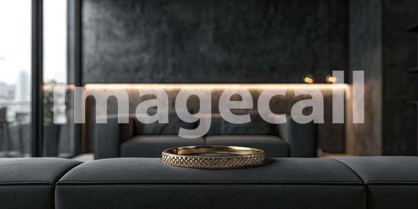 A Gold Wedding Band with a Geometric Pattern Rests on a Plush Black Sofa in a Modern Living Room, with a Cityscape View Beyond the Large Windows.