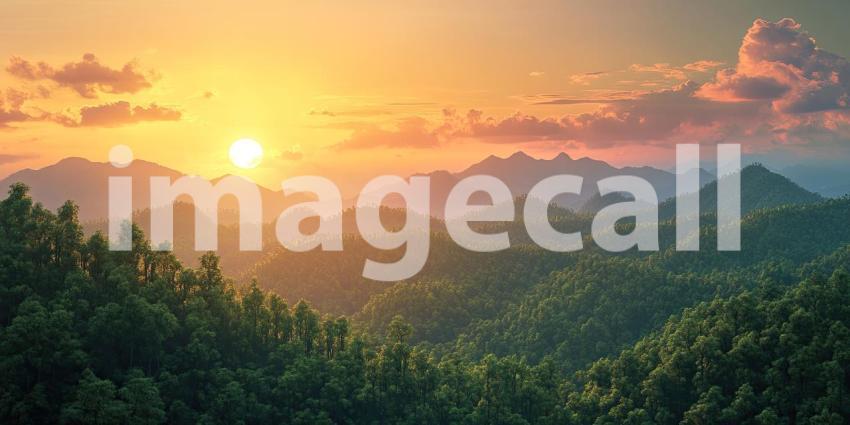 A fiery sunset paints the sky with vibrant hues as the sun dips below a majestic mountain range, casting long shadows across the valley.