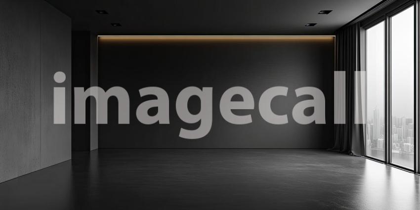 A Gold Wedding Band with a Geometric Pattern Rests on a Plush Black Sofa in a Modern Living Room, with a Cityscape View Beyond the Large Windows.