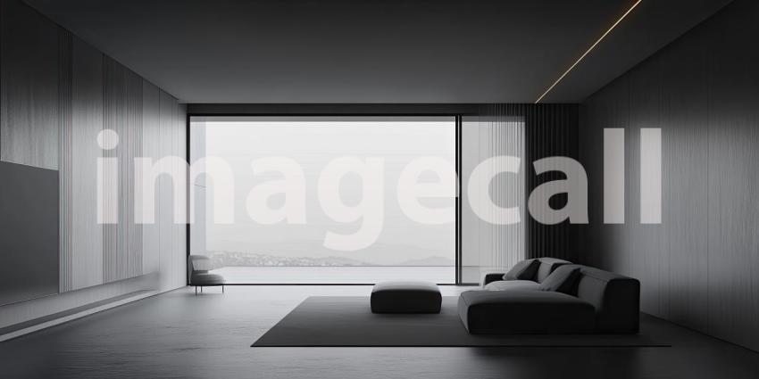 A Gold Wedding Band with a Geometric Pattern Rests on a Plush Black Sofa in a Modern Living Room, with a Cityscape View Beyond the Large Windows.