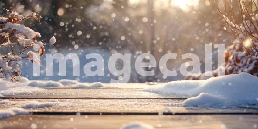 A Wooden Deck Dusted with Snow, With Falling Snowflakes Creating a Magical Winter Scene