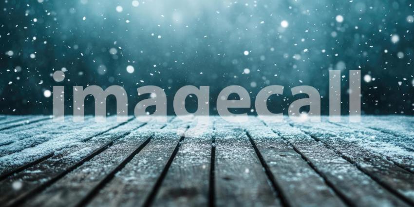 A Wooden Deck Dusted with Snow, With Falling Snowflakes Creating a Magical Winter Scene
