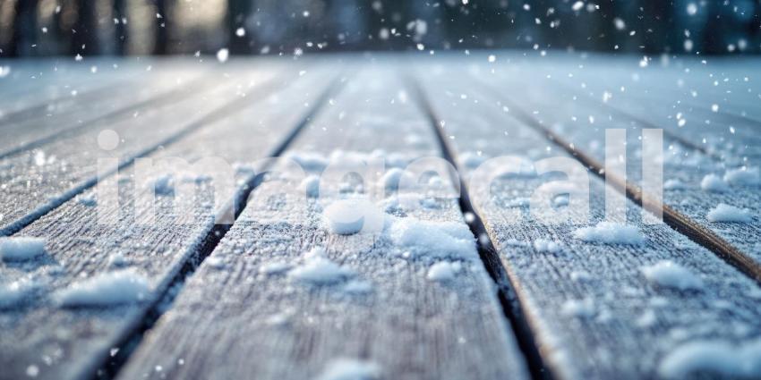 A Wooden Deck Dusted with Snow, With Falling Snowflakes Creating a Magical Winter Scene