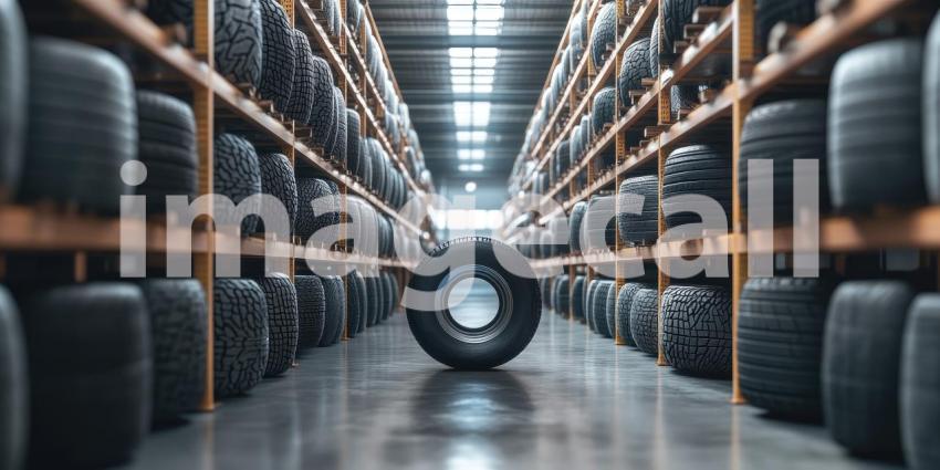 Endless Rows of Tires Lined Up on Shelves in a Well-Lit Warehouse, Creating a Tire-somely Impressive Visual.