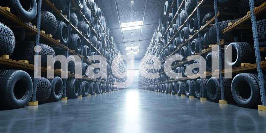 Endless Rows of Tires Lined Up on Shelves in a Well-Lit Warehouse, Creating a Tire-somely Impressive Visual.