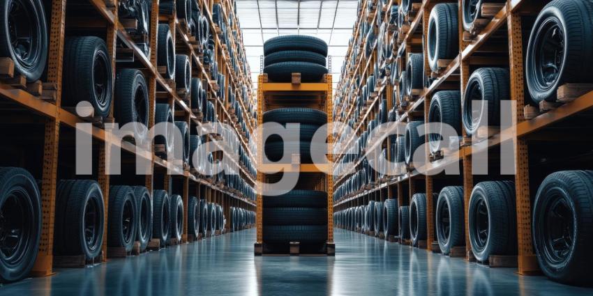 Endless Rows of Tires Lined Up on Shelves in a Well-Lit Warehouse, Creating a Tire-somely Impressive Visual.