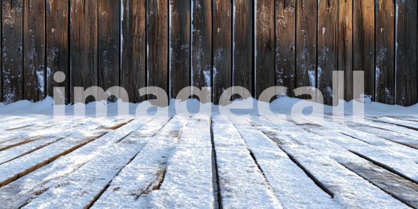 A Wooden Deck Dusted with Snow, With Falling Snowflakes Creating a Magical Winter Scene