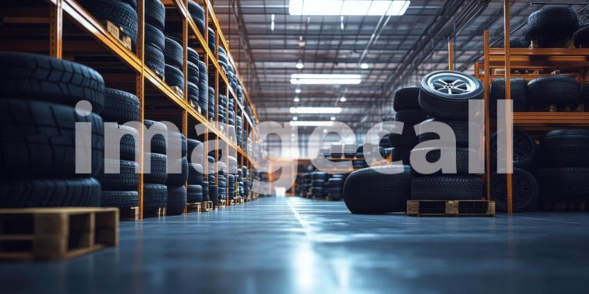 Endless Rows of Tires Lined Up on Shelves in a Well-Lit Warehouse, Creating a Tire-somely Impressive Visual.