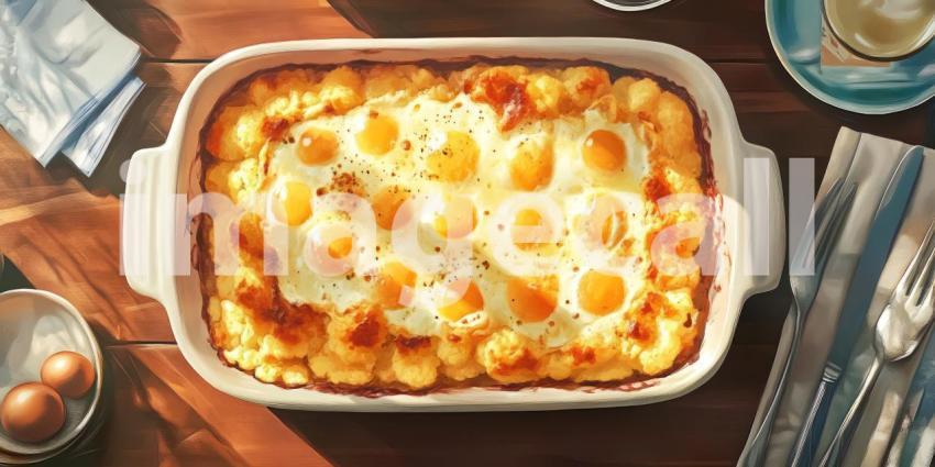 A top-down view of a rustic kitchen scene with a golden-brown cauliflower gratin in a cast iron skillet, surrounded by fresh ingredients like tomatoes, eggs, and herbs.
