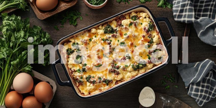 A top-down view of a rustic kitchen scene with a golden-brown cauliflower gratin in a cast iron skillet, surrounded by fresh ingredients like tomatoes, eggs, and herbs.