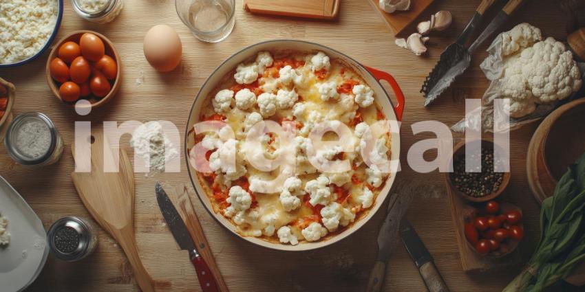 A top-down view of a rustic kitchen scene with a golden-brown cauliflower gratin in a cast iron skillet, surrounded by fresh ingredients like tomatoes, eggs, and herbs.