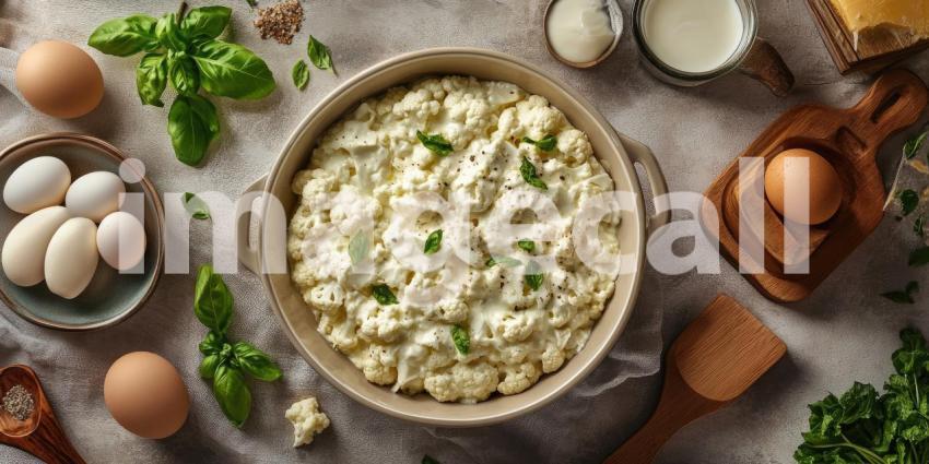 A top-down view of a rustic kitchen scene with a golden-brown cauliflower gratin in a cast iron skillet, surrounded by fresh ingredients like tomatoes, eggs, and herbs.