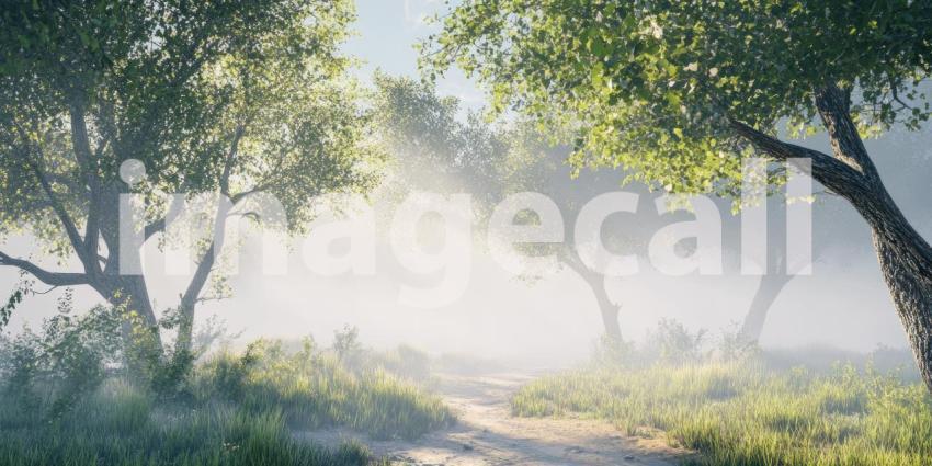 A sunbeam pierces through the morning mist in a tranquil forest, illuminating a winding path through the trees