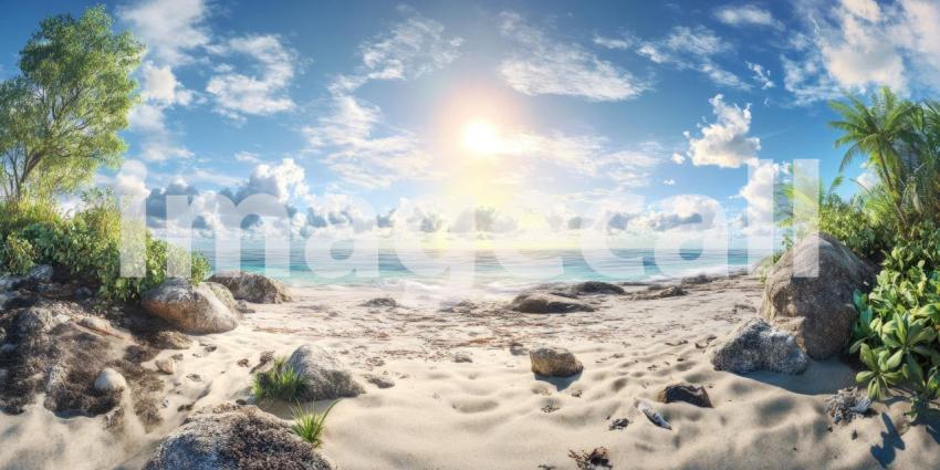 A picturesque tropical paradise with pristine white sand beaches, swaying palm trees, and a crystal-clear turquoise ocean under a vibrant blue sky