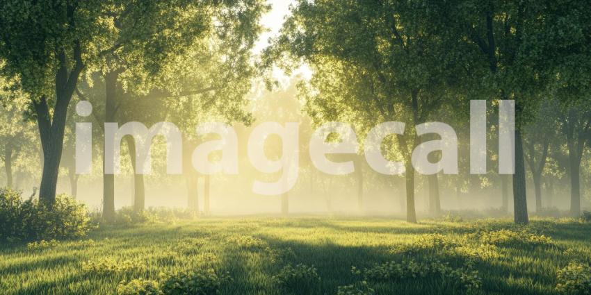 A sunbeam pierces through the morning mist in a tranquil forest, illuminating a winding path through the trees