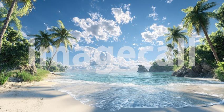 A picturesque tropical paradise with pristine white sand beaches, swaying palm trees, and a crystal-clear turquoise ocean under a vibrant blue sky