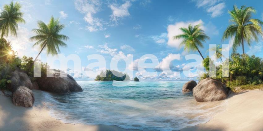 A picturesque tropical paradise with pristine white sand beaches, swaying palm trees, and a crystal-clear turquoise ocean under a vibrant blue sky