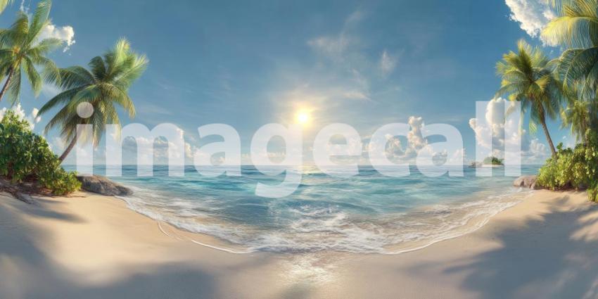 A picturesque tropical paradise with pristine white sand beaches, swaying palm trees, and a crystal-clear turquoise ocean under a vibrant blue sky