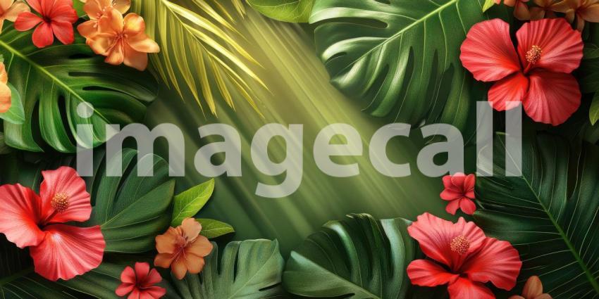 A vibrant tropical scene with lush green foliage, vibrant hibiscus flowers, and a warm, hazy atmosphere