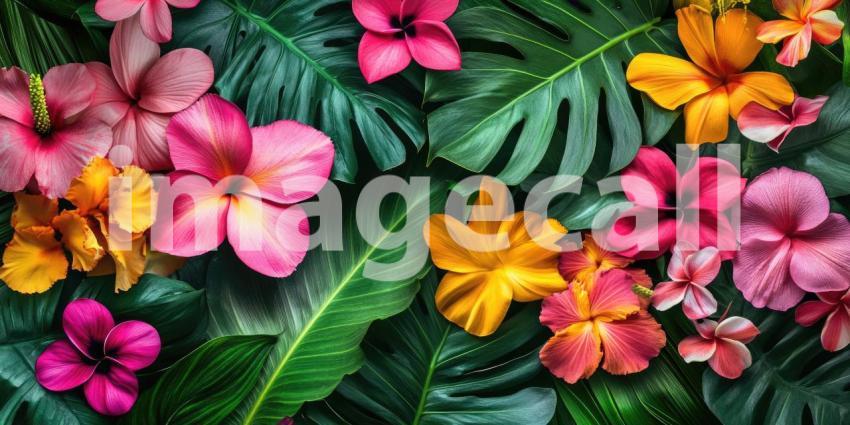 A vibrant tropical scene with lush green foliage, vibrant hibiscus flowers, and a warm, hazy atmosphere