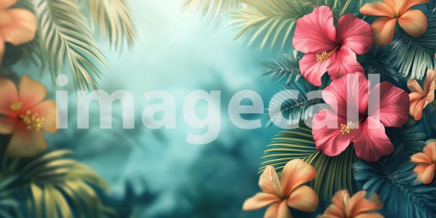 A vibrant tropical scene with lush green foliage, vibrant hibiscus flowers, and a warm, hazy atmosphere
