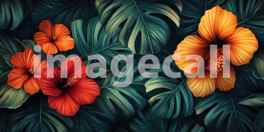 A vibrant tropical scene with lush green foliage, vibrant hibiscus flowers, and a warm, hazy atmosphere