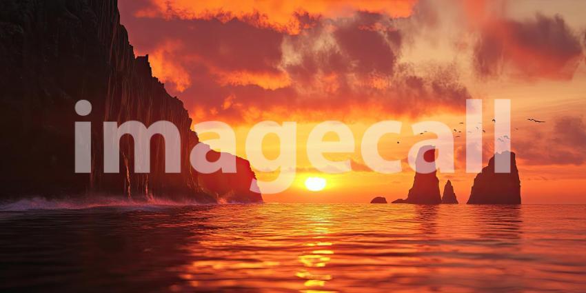 A breathtaking sunset paints the sky in fiery hues, casting a dramatic glow over a seascape dotted with dramatic cliffs and soaring sea stacks