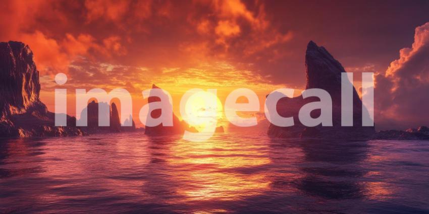 A breathtaking sunset paints the sky in fiery hues, casting a dramatic glow over a seascape dotted with dramatic cliffs and soaring sea stacks